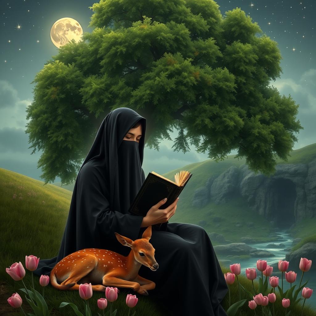 A realistic image of a veiled woman wearing a black outfit, covering her hands, sitting under a majestic green tree
