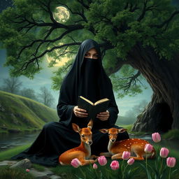 A realistic image of a veiled woman wearing a black outfit, covering her hands, sitting under a majestic green tree