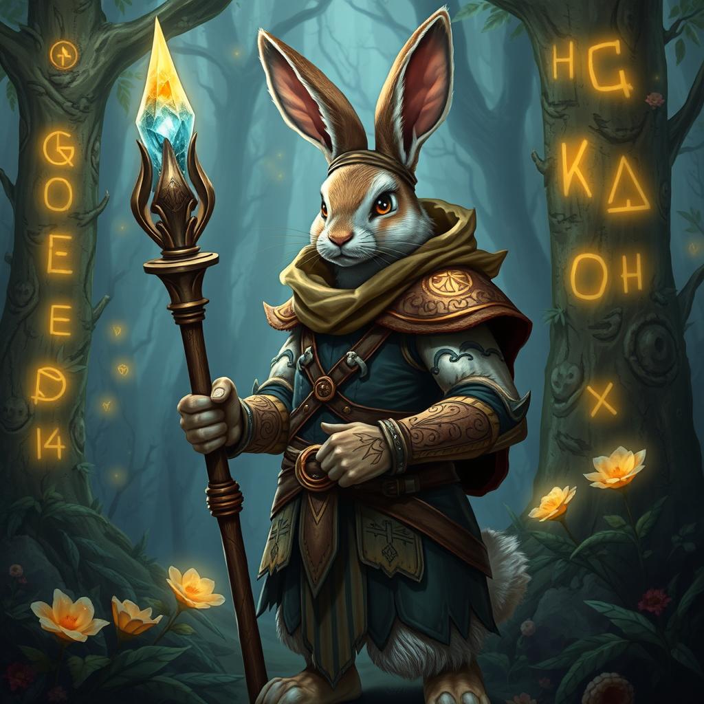 A magical rabbitfolk witchhunter, depicted as a humanoid rabbit with enchanting armor made of leather and fur, holding a magical staff topped with a glowing crystal