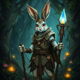 A magical rabbitfolk witchhunter, depicted as a humanoid rabbit with enchanting armor made of leather and fur, holding a magical staff topped with a glowing crystal