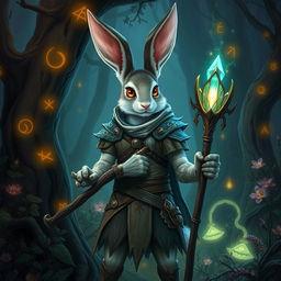 A magical rabbitfolk witchhunter, depicted as a humanoid rabbit with enchanting armor made of leather and fur, holding a magical staff topped with a glowing crystal