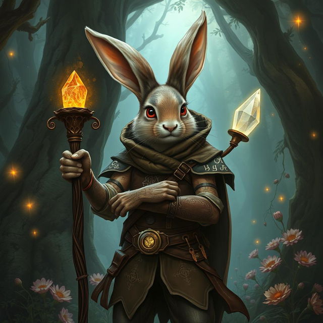 A magical rabbitfolk witchhunter, depicted as a humanoid rabbit with enchanting armor made of leather and fur, holding a magical staff topped with a glowing crystal