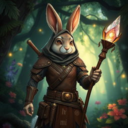 A striking rabbitfolk witchhunter, resembling a humanoid rabbit, equipped with intricately designed leather armor adorned with mystical symbols and runes