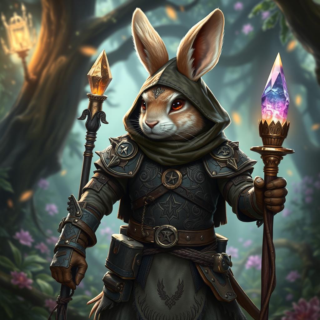 A striking rabbitfolk witchhunter, resembling a humanoid rabbit, equipped with intricately designed leather armor adorned with mystical symbols and runes