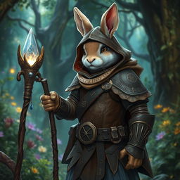A striking rabbitfolk witchhunter, resembling a humanoid rabbit, equipped with intricately designed leather armor adorned with mystical symbols and runes