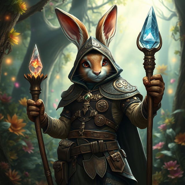 A striking rabbitfolk witchhunter, resembling a humanoid rabbit, equipped with intricately designed leather armor adorned with mystical symbols and runes