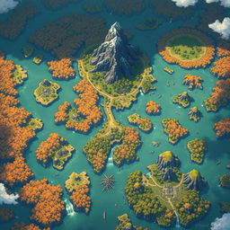 A large fantasy map in the style of Genshin Impact, viewed from above, featuring numerous small, elongated islands scattered across the landscape