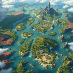 A large fantasy map in the style of Genshin Impact, viewed from above, featuring numerous small, elongated islands scattered across the landscape