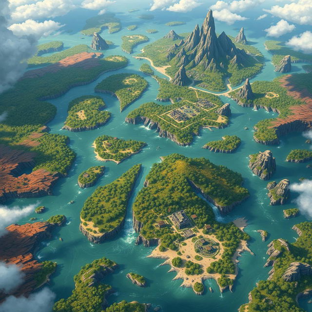 A large fantasy map in the style of Genshin Impact, viewed from above, featuring numerous small, elongated islands scattered across the landscape