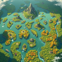A large fantasy map in the style of Genshin Impact, viewed from above, featuring numerous small, elongated islands scattered across the landscape