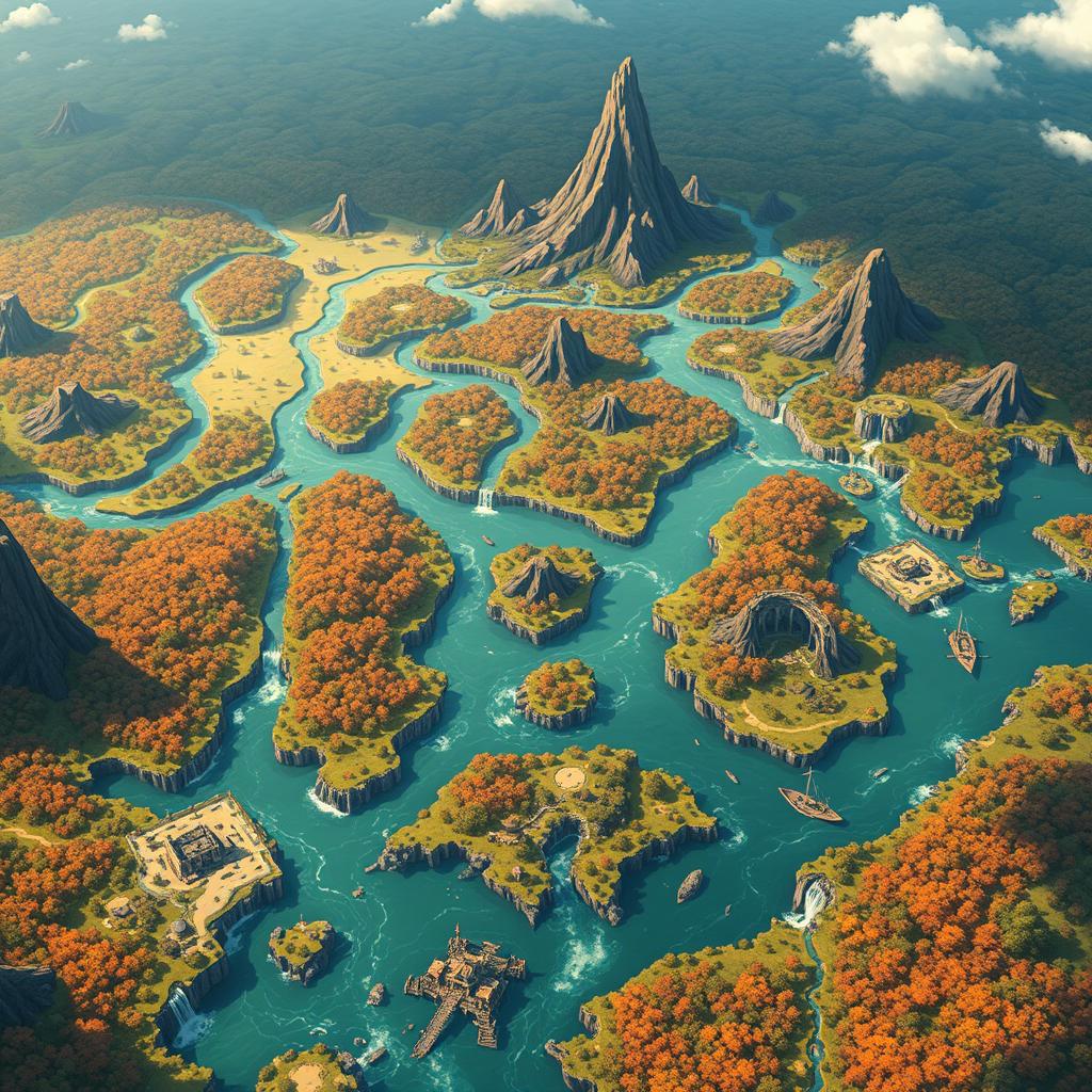 A large fantasy map in the style of Genshin Impact, viewed from above, featuring numerous small, elongated islands scattered across the landscape