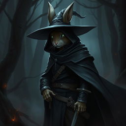 A mysterious rabbitfolk witchhunter, dressed in a dark, stealthy outfit that blends seamlessly into the shadows