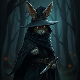 A mysterious rabbitfolk witchhunter, dressed in a dark, stealthy outfit that blends seamlessly into the shadows