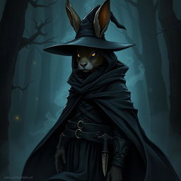 A mysterious rabbitfolk witchhunter, dressed in a dark, stealthy outfit that blends seamlessly into the shadows