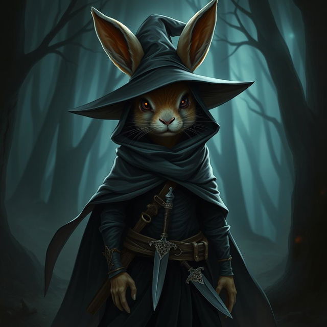 A mysterious rabbitfolk witchhunter, dressed in a dark, stealthy outfit that blends seamlessly into the shadows