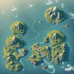 A large top-down map in the style of Genshin Impact, depicting islands, mountains, rivers, and waterfalls without any labels