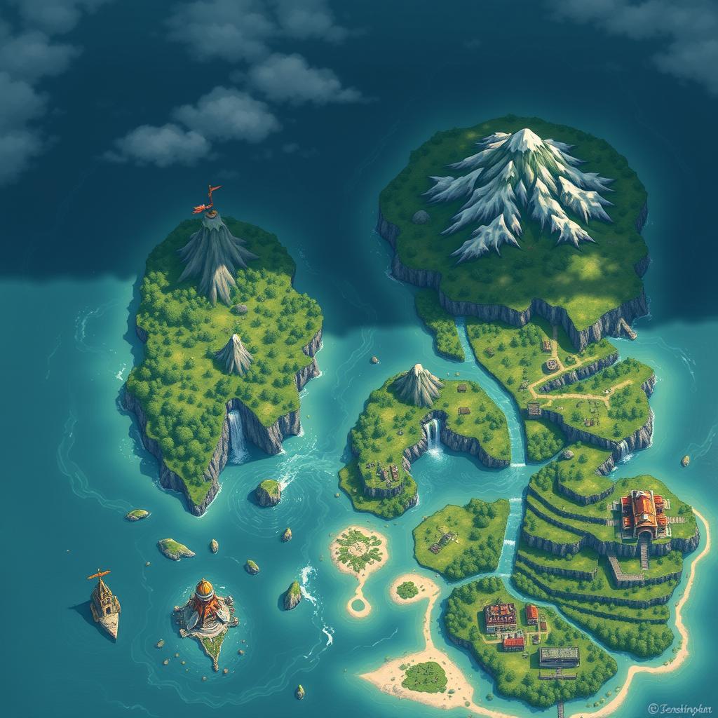 A large top-down map in the style of Genshin Impact, depicting islands, mountains, rivers, and waterfalls without any labels