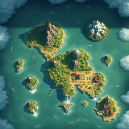 A large top-down map in the style of Genshin Impact, depicting islands, mountains, rivers, and waterfalls without any labels