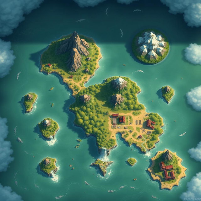 A large top-down map in the style of Genshin Impact, depicting islands, mountains, rivers, and waterfalls without any labels