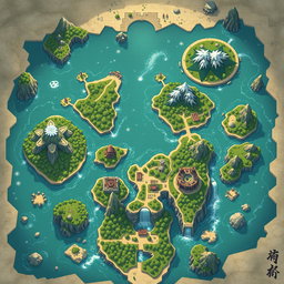 A large top-down map in the style of Genshin Impact, depicting islands, mountains, rivers, and waterfalls without any labels