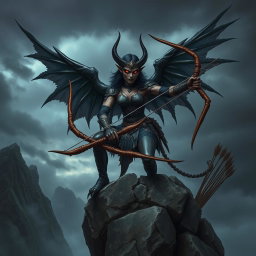 A fierce evil harpy archer with sharp talons and glowing red eyes, perched on a rocky cliff