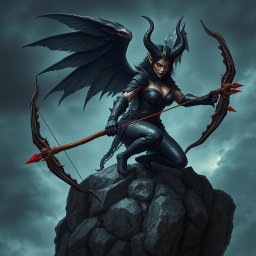A fierce evil harpy archer with sharp talons and glowing red eyes, perched on a rocky cliff