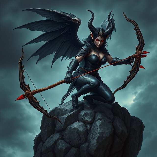 A fierce evil harpy archer with sharp talons and glowing red eyes, perched on a rocky cliff