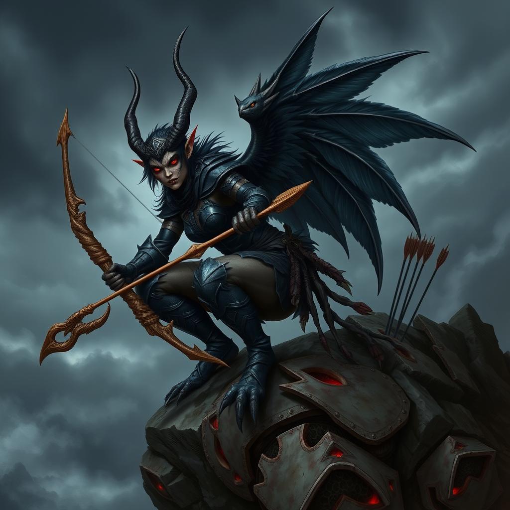 A fierce evil harpy archer with sharp talons and glowing red eyes, perched on a rocky cliff