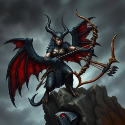 A fierce evil harpy archer with sharp talons and glowing red eyes, perched on a rocky cliff