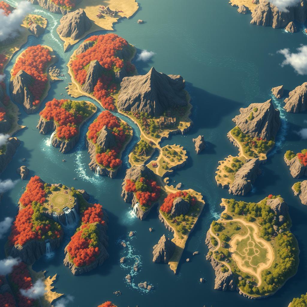 A fantasy map designed in the style of Genshin Impact, viewed from above