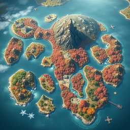 A fantasy map designed in the style of Genshin Impact, viewed from above