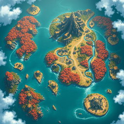 A fantasy map designed in the style of Genshin Impact, viewed from above