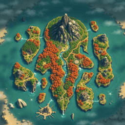 A fantasy map designed in the style of Genshin Impact, viewed from above