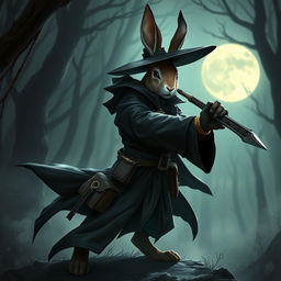A mysterious rabbitfolk witchhunter, outfitted in a sleek, dark ensemble that emphasizes stealth and agility