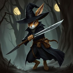 A mysterious rabbitfolk witchhunter, outfitted in a sleek, dark ensemble that emphasizes stealth and agility