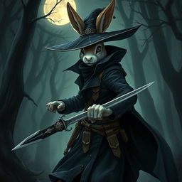 A mysterious rabbitfolk witchhunter, outfitted in a sleek, dark ensemble that emphasizes stealth and agility