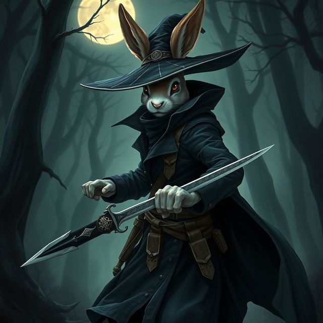 A mysterious rabbitfolk witchhunter, outfitted in a sleek, dark ensemble that emphasizes stealth and agility