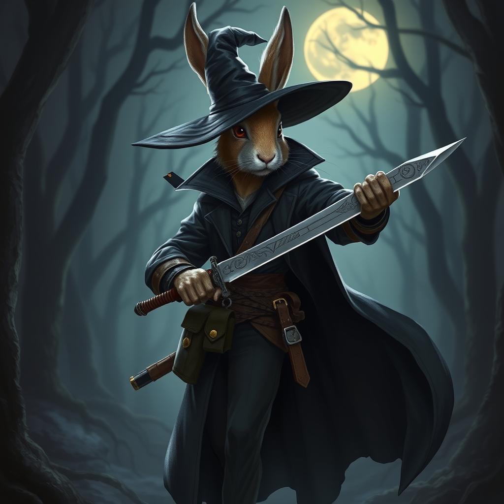 A mysterious rabbitfolk witchhunter, outfitted in a sleek, dark ensemble that emphasizes stealth and agility