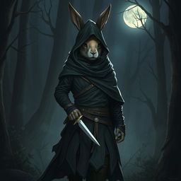 A stealthy rabbitfolk witchhunter, characterized by a dark outfit that enhances their role as an assassin