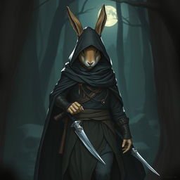 A stealthy rabbitfolk witchhunter, characterized by a dark outfit that enhances their role as an assassin