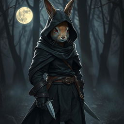 A stealthy rabbitfolk witchhunter, characterized by a dark outfit that enhances their role as an assassin