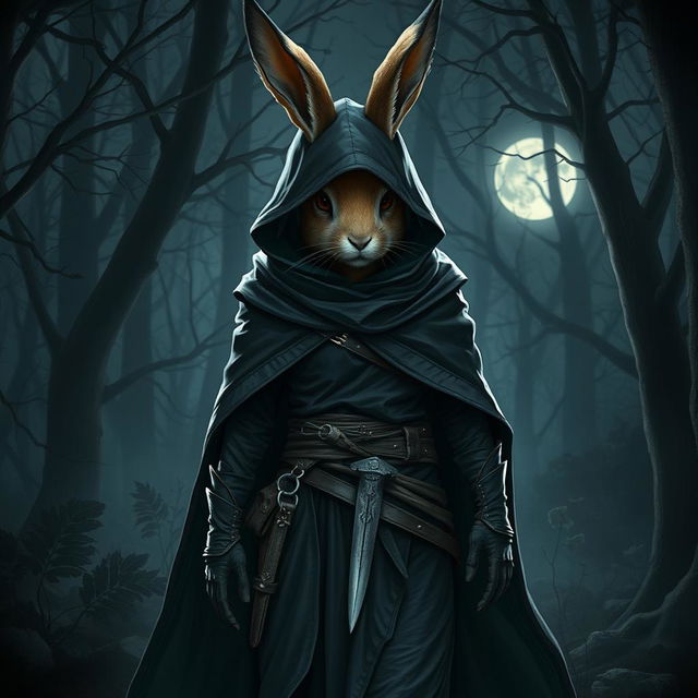 A stealthy rabbitfolk witchhunter, characterized by a dark outfit that enhances their role as an assassin