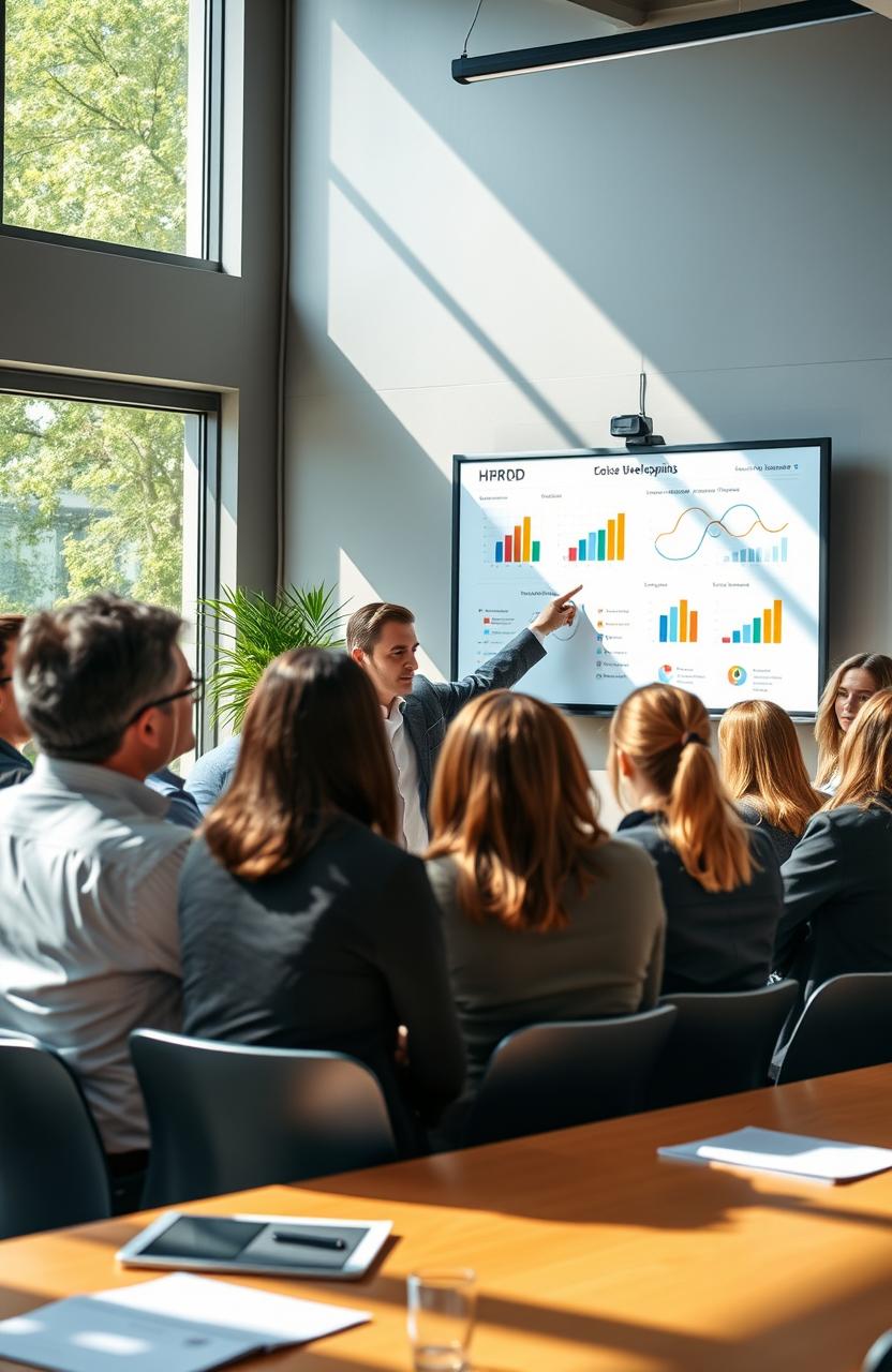 An informative scene depicting a diverse group of professionals engaging in a workshop aimed at improving human resource development (HRD) for regional development