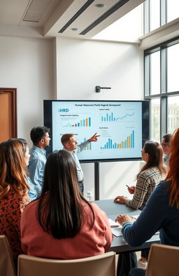 An informative scene depicting a diverse group of professionals engaging in a workshop aimed at improving human resource development (HRD) for regional development