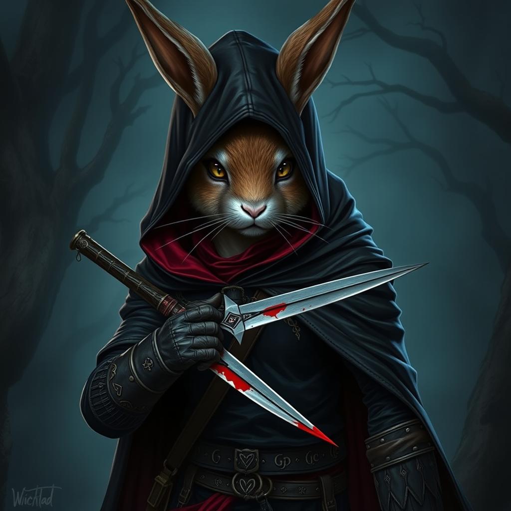 A striking rabbitfolk bloodhunter, portrayed in a dark and menacing outfit that signifies their assassin role