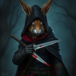 A striking rabbitfolk bloodhunter, portrayed in a dark and menacing outfit that signifies their assassin role