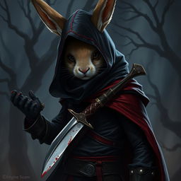 A striking rabbitfolk bloodhunter, portrayed in a dark and menacing outfit that signifies their assassin role