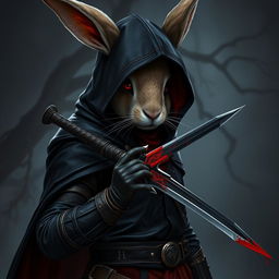 A striking rabbitfolk bloodhunter, portrayed in a dark and menacing outfit that signifies their assassin role