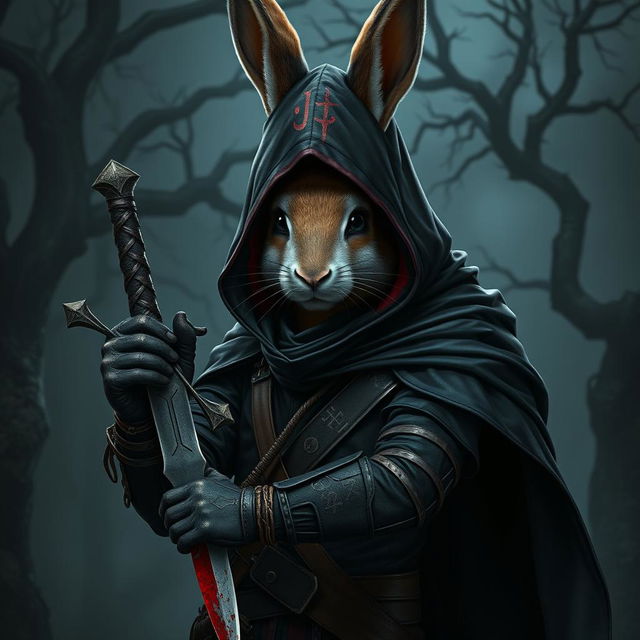 A striking rabbitfolk bloodhunter, portrayed in a dark and menacing outfit that signifies their assassin role