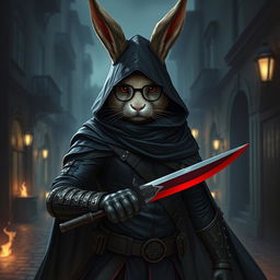 A formidable rabbitfolk bloodhunter, clad in a sleek dark outfit that highlights their role as an assassin